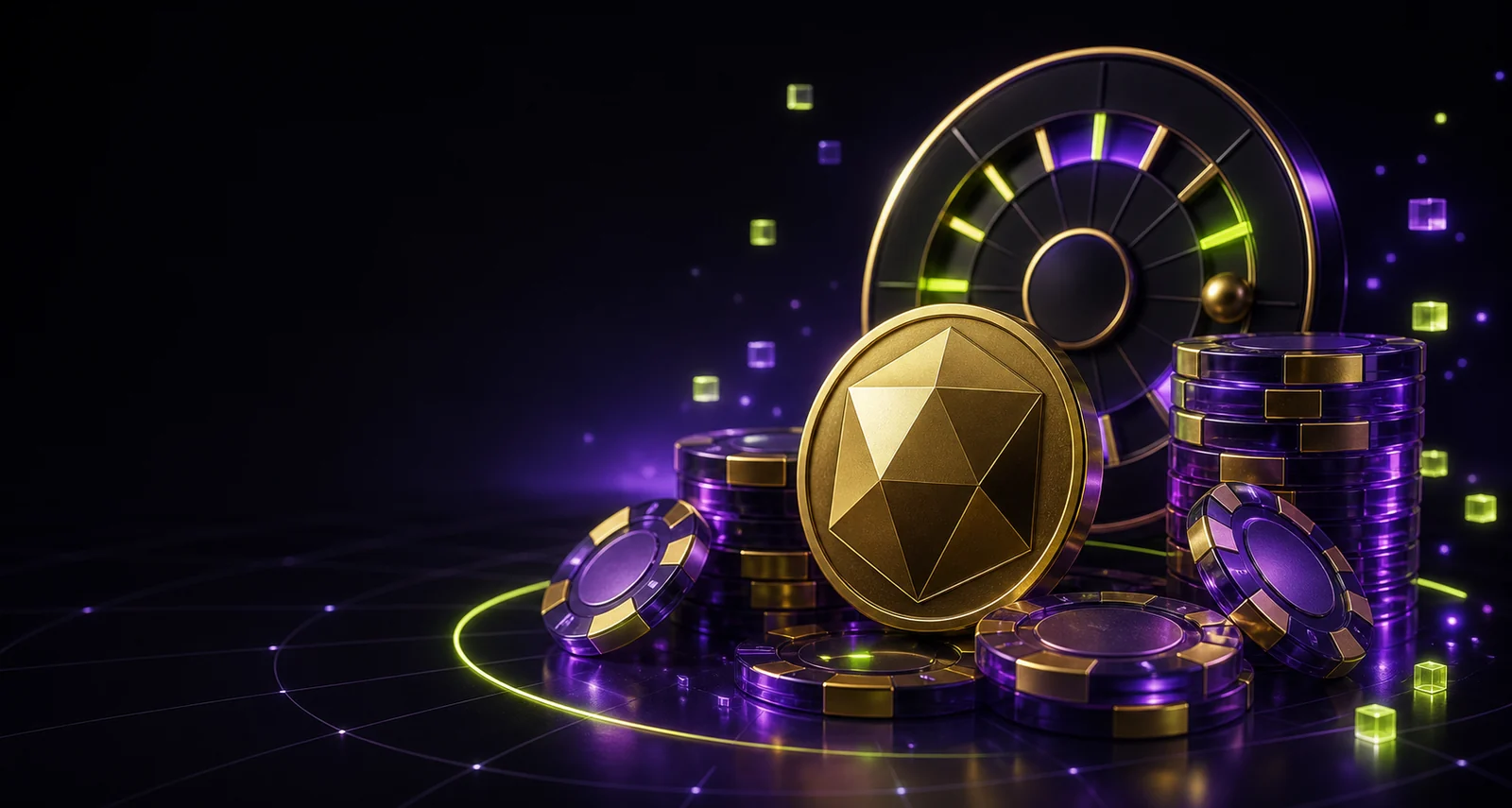 Abstract neon casino chips, a faceted crypto coin, and a roulette-inspired wheel